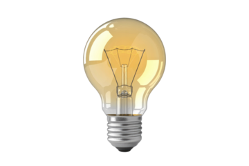 A realistic 3D render of an unlit incandescent light bulb with a clear amber glass and a metallic screw base. background removed