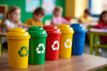 Colorful recycling bins with eco-friendly symbols lined up on a table in a classroom while young students focus on their lessons in the background