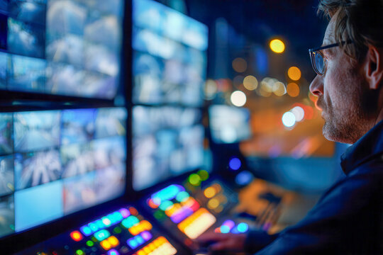 Professional monitoring multiple security camera feeds on large screens in high-tech control room during nighttime surveillance shift