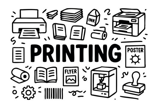 Printing doodle icons &mdash; printer, ink, paper, and 3D printing &mdash; stock vector.