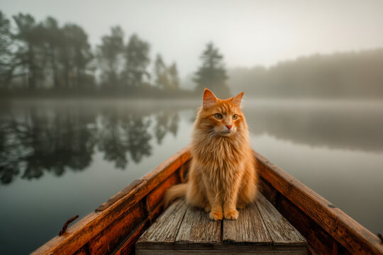 Fluffy orange cat sitting calmly on the wooden deck of a boat floating on a misty lake surrounded by blurred trees and peaceful water reflections - Powered by Adobe