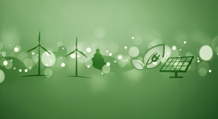 Green energy concept illustration with wind turbines, solar panel, and eco-friendly symbols on a vibrant bokeh background, representing sustainable power and environmental conservation.