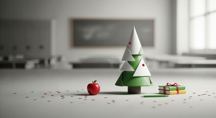 Miniature Christmas Tree, Red Apple, and Gift-Wrapped Books on a Classroom Desk, Symbolizing Holiday Spirit in Education