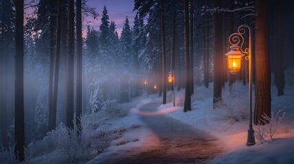 A snow-covered path illuminated by vintage streetlights in a peaceful forest at twilight.
