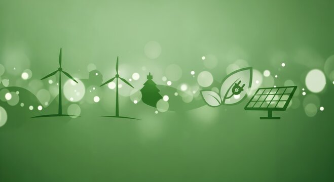 Green energy concept illustration with wind turbines, solar panel, and eco-friendly symbols on a vibrant bokeh background, representing sustainable power and environmental conservation.
