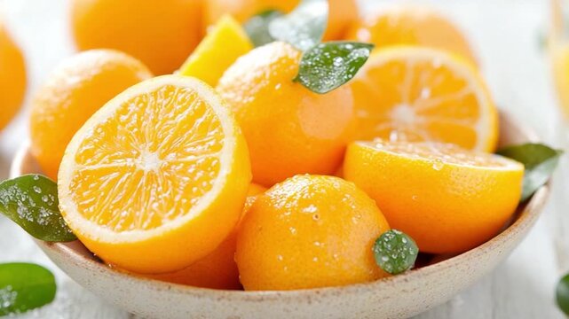 Fresh Citrus Burst: A vibrant and inviting bowl of juicy oranges, artfully arranged to showcase their bright color and refreshing zest, promises a delightful treat.