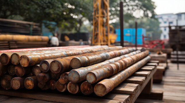 Weathered rusty drill pipes stacked on platform deck downhole boring equipment inventory industrial pipes laid systematically in energy sector warehouse courtyard drilling mater