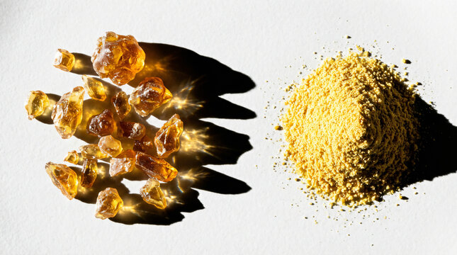 Top view of translucent amber rosin chunks arranged next to a pile of ground resin powder on a white surface with dramatic shadows.