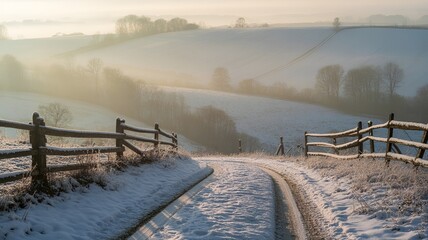 A serene snow-covered landscape with a road leading towards the horizon.