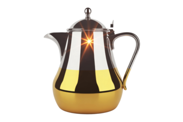 A luxurious silver and gold metallic thermal carafe for coffee or tea, featuring elegant design and reflective surfaces with a bright highlight. background removed
