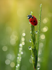 Naklejka premium Bright red ladybug covered with morning dew clings to fresh green grass blade sparkling with water droplets in soft natural light