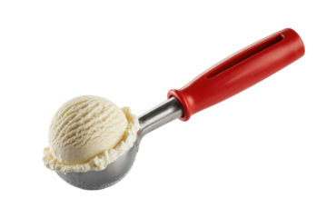 A perfectly round scoop of creamy vanilla ice cream sits in a silver ice cream scooper with a vibrant red handle, ready to be served. background removed