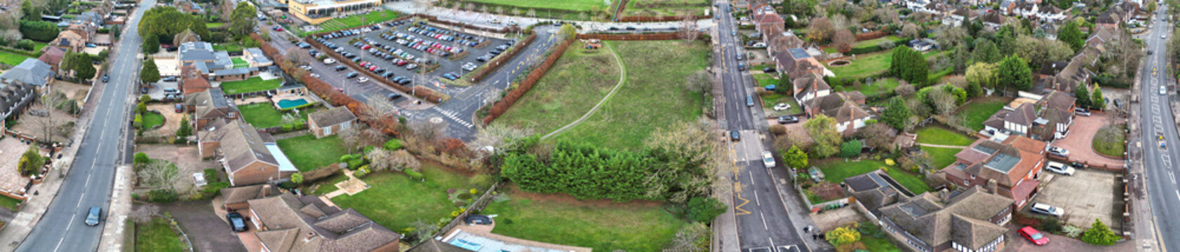 Aerial Drone Camera View of British Residential Buildings and Roads with Traffic of East Luton City Streets Aerial View of England During Evening of Winter. 25th November, 2025