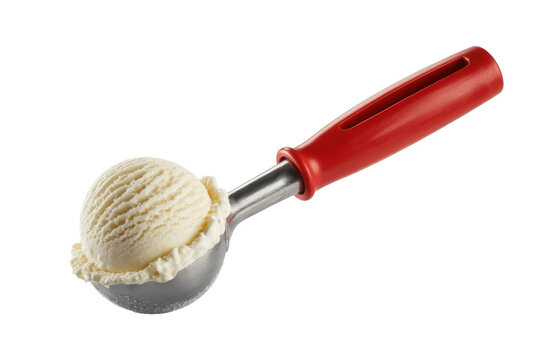 A perfectly round scoop of creamy vanilla ice cream sits in a silver ice cream scooper with a vibrant red handle, ready to be served. background removed