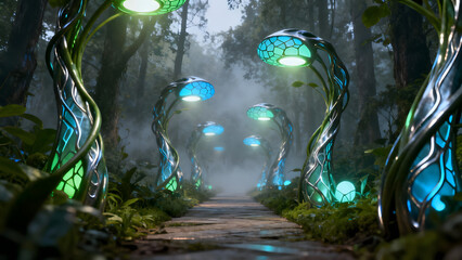 Enchanted forest path illuminated by glowing bioluminescent lanterns