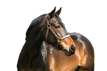 A majestic bay horse with a leather halter, head turned right. Its gleaming coat stands out against a clean transparent background. background removed