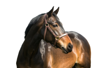 A majestic bay horse with a leather halter, head turned right. Its gleaming coat stands out against a clean transparent background. background removed