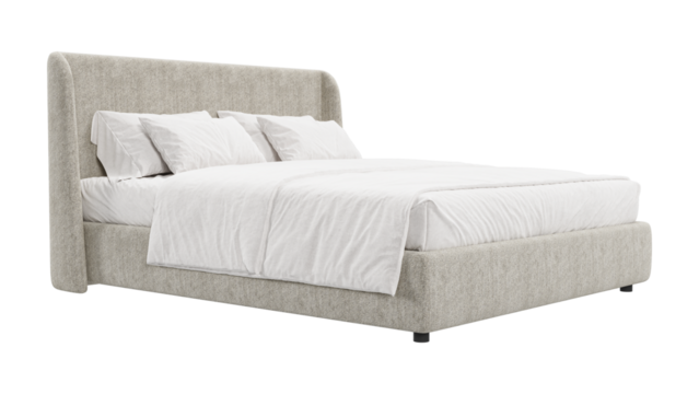 Modern beige upholstered double bed with soft pillows and duvet