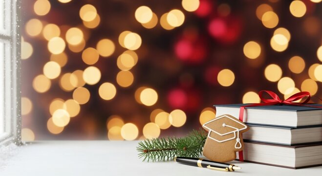 Festive Winter Holiday Scene with Stack of Books, Graduation Cap Cookie, Pen, and Warm Bokeh Lights Background