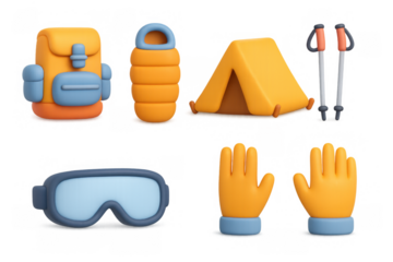 Collection of cartoon camping gear icons for outdoor adventure design