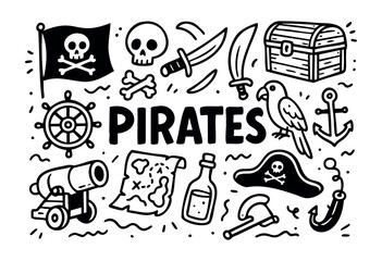 Fototapeta premium Pirate doodle icons — treasure chest, flag, and parrot — stock vector.
