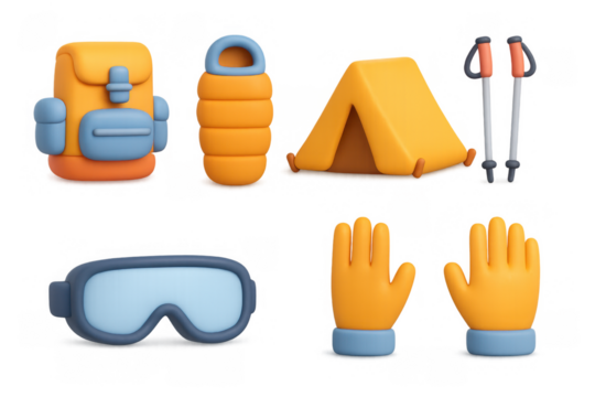 Collection of cartoon camping gear icons for outdoor adventure design