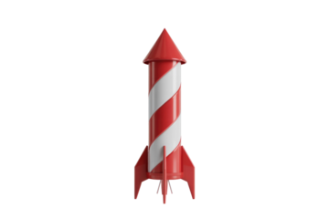 A vibrant 3D rendered rocket, featuring bold red and white spiral stripes, stands ready for launch on a solid transparent background, evoking fun and progress. background removed