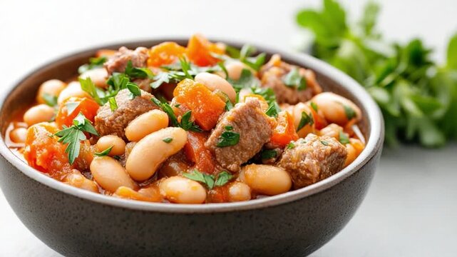 Hearty Bean and Beef Stew: A rustic brown bowl brims with a comforting stew, featuring tender beef chunks, creamy white bean, and vibrant herbs, inviting warmth and flavor.