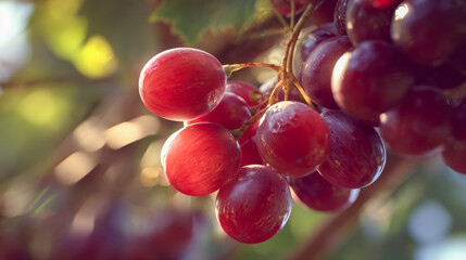 Ripe red grapes hanging on the vine glowing under warm sunlight in a natural vineyard setting during golden hour autumn harvest season