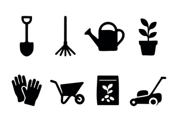 Gardening tools and equipment solid icons &mdash; shovel, rake, watering can, lawn mower &mdash; stock vector.