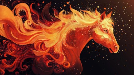 Dynamic portrayal of a fiery orange horse with flowing mane and vibrant colors against a dark background