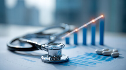 Stethoscope and medical capsules placed on financial charts with glowing line graph representing growth and analysis in healthcare industry trends