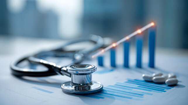 Stethoscope and medical capsules placed on financial charts with glowing line graph representing growth and analysis in healthcare industry trends