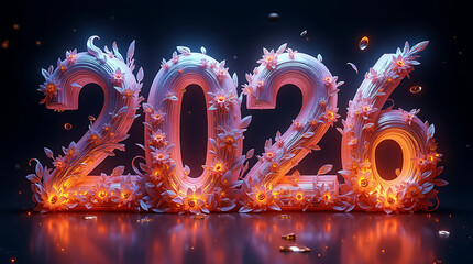 2026 vector glowing floral neon numbers design, 2026 vector glowing glass numbers with floral elements