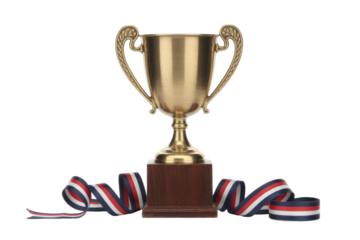 A gleaming golden trophy cup stands proudly on a wooden base, adorned with a patriotic red, white, and blue striped ribbon, symbolizing victory and achievement. background removed