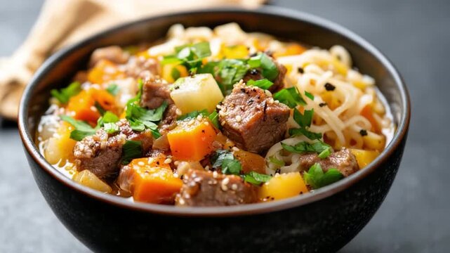 Culinary Harmony: A captivating close-up of a rich and inviting bowl of stew, teeming with tender meat, vibrant vegetables, and flavorful broth, a culinary delight.