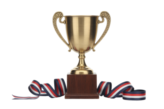 A gleaming golden trophy cup stands proudly on a wooden base, adorned with a patriotic red, white, and blue striped ribbon, symbolizing victory and achievement. background removed
