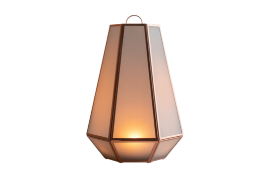 A modern geometric lantern-style lamp with rose gold framing and frosted panels emits a warm, inviting glow, perfect for contemporary decor. background removed - Powered by Adobe