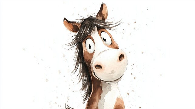 Whimsical horse illustration with expressive features and playful charm in a creative watercolor style