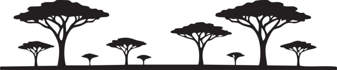 Minimalist Horizon Silhouettes with Sparse Flat Topped Acacia Trees and Landscape