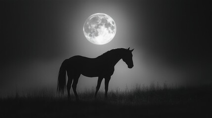 Silhouetted horse under a full moon in a misty night landscape