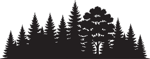 Mixed Forest Horizon Silhouettes with Sharp Pine and Rounded Leafy Trees Landscape