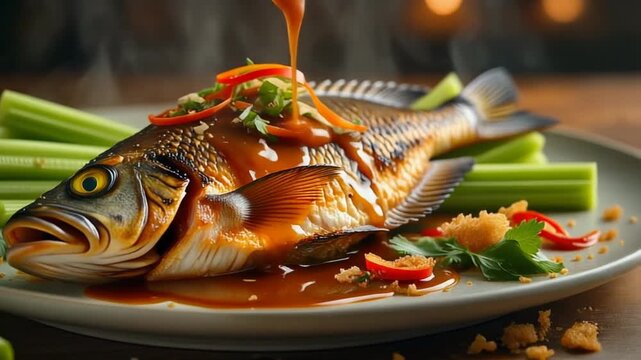 a cooked tilapia (mujair) served on a plate, drizzled with rich oyster sauce