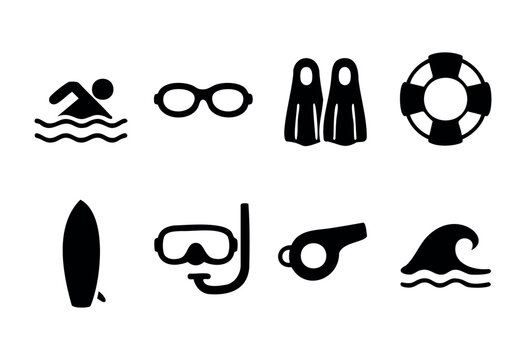 Swimming and water sports solid icons — swimmer, goggles, flippers, surfboard — stock vector.
