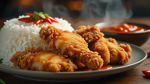 a crispy fried chicken served on a plate with steamed white rice and a side of chili sauce