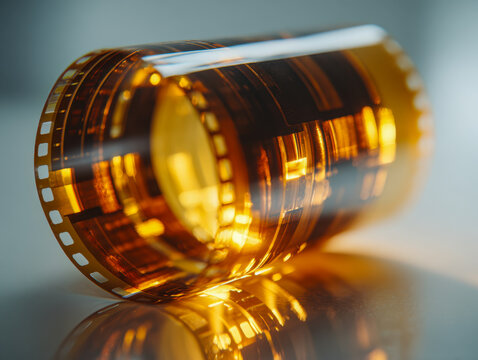 Rolled vintage photographic film strip glowing with warm amber light reflecting on a smooth surface, showcasing analog photography elements and nostalgic vibes