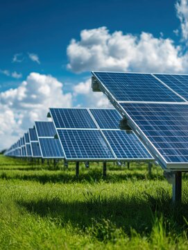 Rows of solar panels capturing sunlight in lush green field under a clear blue sky