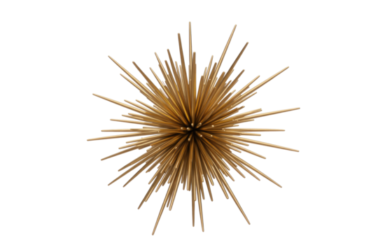 A shimmering gold spiky spherical object, resembling a sunburst or sea urchin, radiates outward with numerous metallic rods. background removed