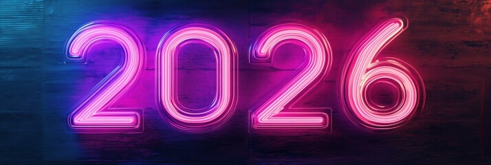 Bright neon sign displaying the year 2026 with vibrant colors, perfect for celebrating New Year events and parties