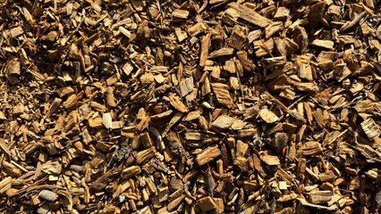 Close-up of brown wood chips and bark mulch spread evenly, providing a natural ground cover that helps soil moisture retention, weed suppression, and rustic garden aesthetics.
